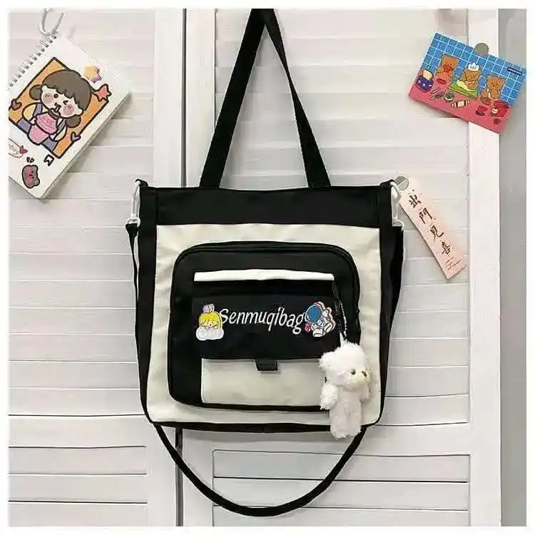 Cute School Tote Bag with Plush Doll Charm