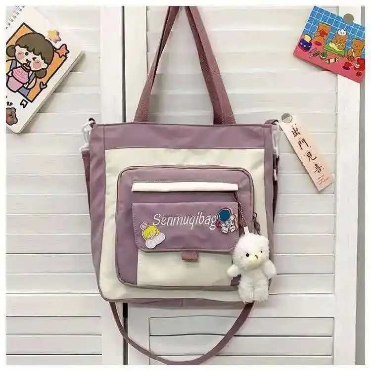 Cute School Tote Bag with Plush Doll Charm - Image 2